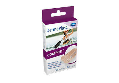 Hartmann DermaPlast® Comfort plaster packshot with woman in canoe on water.