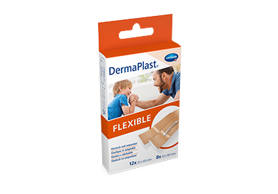 Confezione cerotti DermaPlast® Flexible  con padre e figlio che giocano a braccio di ferro 