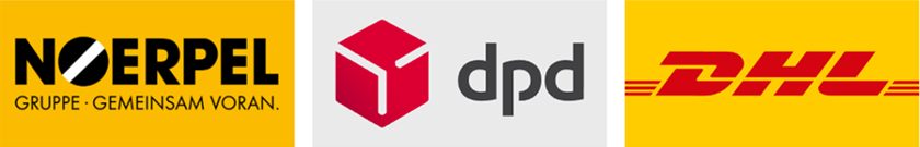 Patientenlogistik: Partner-Logos Noerpel, dpd und DHL