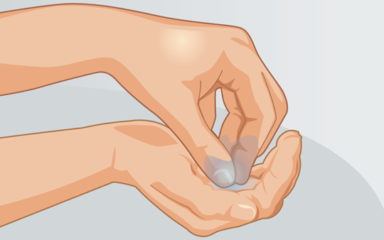 Illustration of applying disinfectant to hands and fingertips