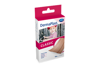 Hartmann DermaPlast® Classic plaster packshot with child riding bike and wearing pink helmet.
