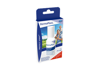 Hartmann DermaPlast® Protect Spray + transparent spray plaster packshot with father holding son on shoulders happy outdoors summer green fields blue sky.