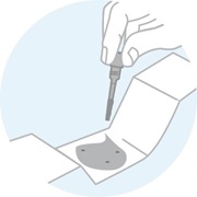 Drawing of hand holding a stick, below is a paper with stool