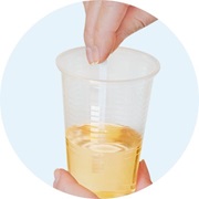 Close up of two fingers dipping the test strip into a cup with urine