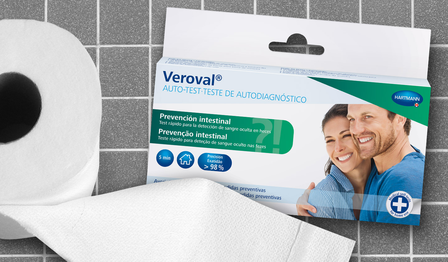 Papel higienico y un pack de auto-test para prevención intestinal de Veroval